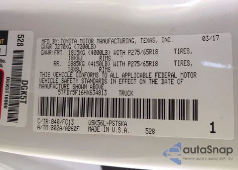 2017 Toyota Tundra Sr5 5.7L V8 из США, поврежденный, VIN 5TFDY5F16HX634813